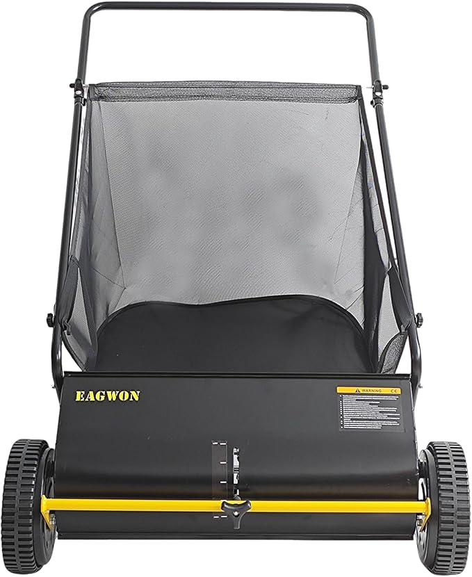 Push Lawn Sweeper, 26-Inch Width, 7 Cu. Ft. Hopper Capacity, 4 Spinning Brushes, Adjustable Height, Durable Steel Frame with Rubber Wheels,Yellow&Black