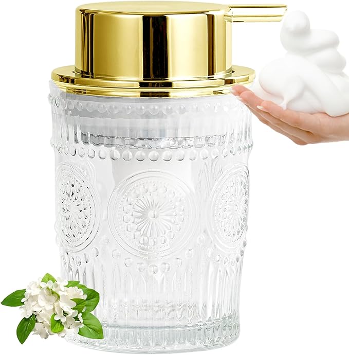 Golden Foaming Soap Dispenser - 7 oz Clear Glass Foam Hand Soap Dispenser for Bathroom & Kitchen, Refillable Dish Dispenser, Foam Hand Wash Dispenser with Foam Pump