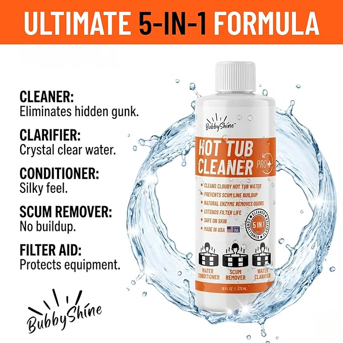 Spa Chemicals for Hot Tub – 5-in-1 Hot Tub Maintenance Kit & Cleaner – Inflatable Hot Tub Accessories for Adults – Outdoor Spa Clarifier – Helps Remove Scum & Cloudy Water – Made in USA – 16oz