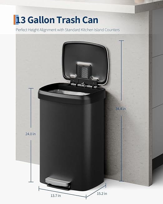 Garvee 13 gal / 50 L Plastic Trash Can with Lid, Large Garbage Can for Kitchen, Rustproof Step-on Kitchen Trash Bin with Liner Rim, Rear Handle, Soft Close Lid, Black
