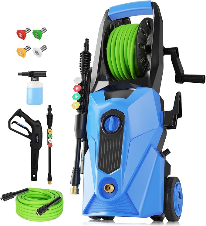 5000PSI Electric Pressure Washer,Power Washer with Foam Cannon,Portable Cleaner with 33ft Hose Reel,4 Nozzle Tips,and Soap Bottle for Cars/Home/Driveways/Patios/Decks/Fences