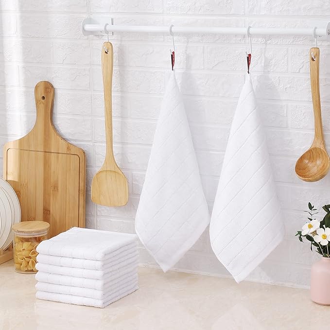 Mordimy 100% Cotton Terry Cloth Dish Cloths, Soft and Absorbent Checkered Dish Towels, Quick Drying Dish Rags for Washing Dishes, 8 Pack, 12 x 12 Inches, White
