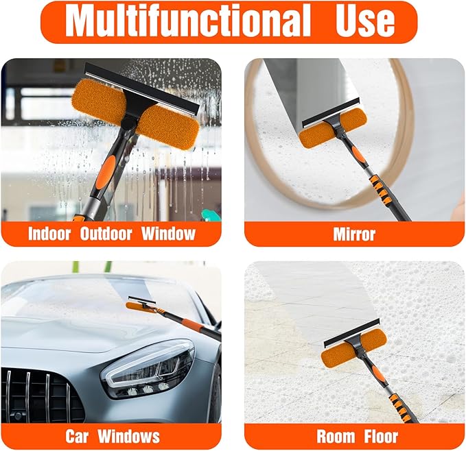 26FT Window Squeegee with Extension Pole, 2-in-1 Squeegee for Window Cleaning, Professional Cleaning Kit for Home with 20FT Telescoping Pole for Outdoor Indoor Use