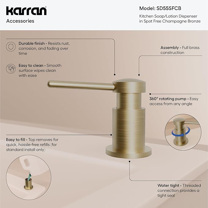 Karran SD55 Kitchen Soap Dispenser – Premium Lead-Free Brass, Dual Refill Options, 47" Undermount Tube for Large Bottles, Self-Priming Pump, Commercial-Grade Durability Spot Free Champaigne Bronze