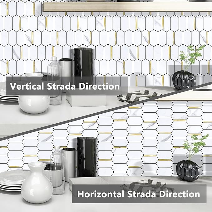 Vamos Tile Long Hexagon Peel and Stick Backsplash Tile - 10 Sheets Stick on Backsplash for Kitchen and Bathroom 12.4 x 12 Inch White Marble Look PVC Mixed Metal Gold Self Adhesive Mosaic Wall Tiles