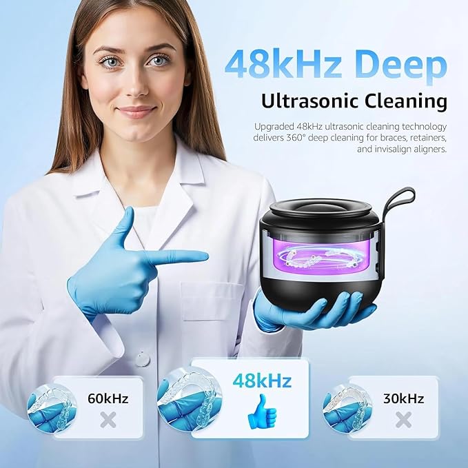 Ultrasonic Cleaner, 48kHz Rechargeable Cordless Jewelry Denture Cleaner Machine, 200ML Cleaning Pod for Jewelry, Rings, Glasses, Mouth Guard, Waterproof UV Cleaner with Digital Timer