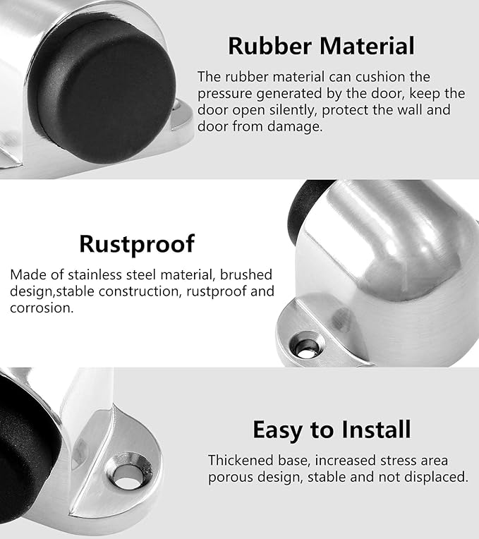 1.3 Inch / 33mm Heavy Duty Floor Door Stopper, Floor Mount Door Stop with Silent Rubber Bumper, Stainless Steel Brushed Finish - Pack of 1