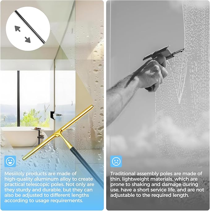 59.5" Long Handle Window Squeegee with Extension Pole, 12.4" Wide Metal Shower Squeegee for Glass Doors, Floor Squeegee for Home Window Cleaning, Tile Wall, Car (Gold)