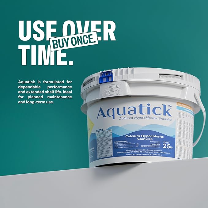 Aquatick Calcium Hypochlorite Pool Shock, 68% Available Chlorine, Non-stabilized granules for Swimming Pools, Designed to Help Control Algae and Maintain Clear Water, 25 lb Bucket