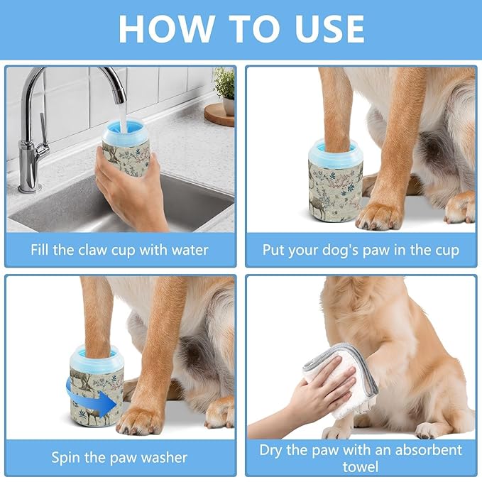 Dog Paw Cleaner Cups for Dogs Pet Foot Washer Paw Scrubber for Medium Small Large Dogs Cats Cleaning Cup Brown Reindeer Pine Trees Flowers