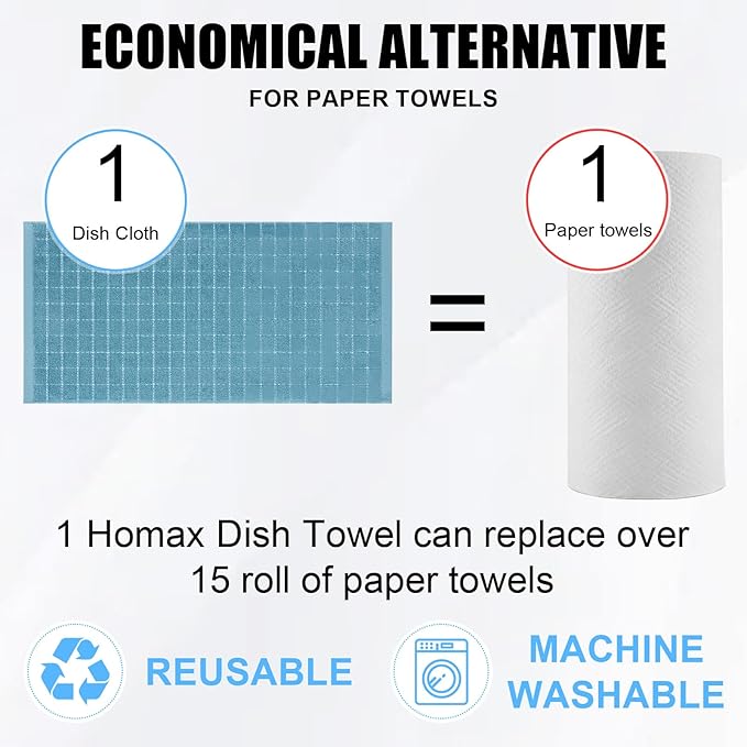 Homaxy 100% Cotton Terry Kitchen Towels(Lake Blue, 13 x 28 inches), Checkered Designed, Soft and Super Absorbent Dish Towels, 6 Pack