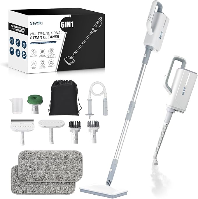 Steam Mop for Floor Cleaning, Steam Cleaner for Home with Handheld 6-in-1 Multi-function Attachments for Hardwood Floors, Clothes, Windows, Tiles Grout, Furniture Cleaning (White-Gray)