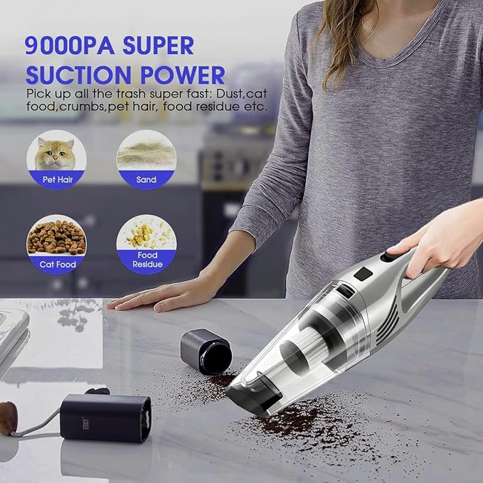 Car Vacuum Portable Cordless – 9000PA Strong Suction, Lightweight & Rechargeable – Includes Multi-Nozzle Attachments for Car, Home, Office, and Pet Hair – Compact & Powerful Grey Vacuum