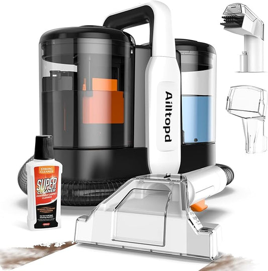 Upholstery Cleaner Machine, 15Kpa Portable Carpet & Upholstery Spot Cleaner Machine, Deep Stain Cleaning for Carpet, Pets, Stairs, Car Seat, Couch, with Dual Size BrushHead and Cleaning Solutions