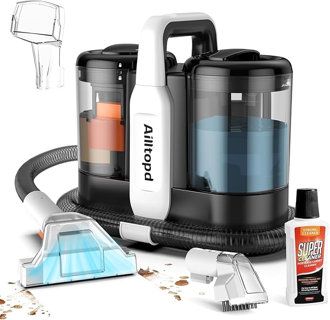 Ailltopd Portable Carpet & Upholstery Spot Cleaner, 15Kpa Powerful Suction & Couch Cleaner, Deep Cleaning for Carpet, Car, Pets, Stairs, Furniture, Self Cleaning System and Cleaner Solution