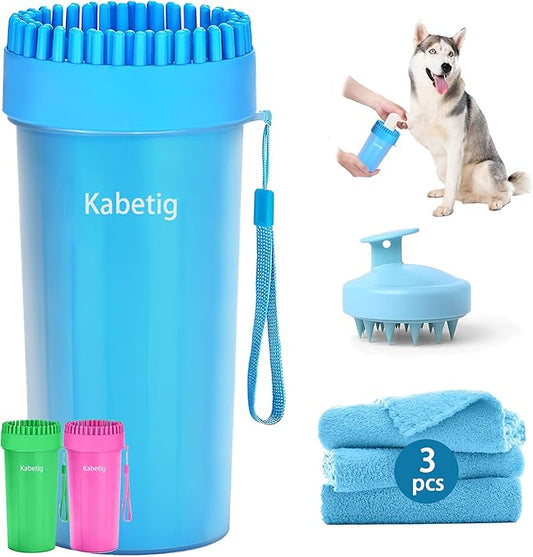 Dog Paw Cleaner Kit - Blue, for L/XL Dogs, Quick Clean No Full Bath, 5-in-1 Bath Grooming Kit, Exclusive Cup-Mounted Brush Head, Grip Silicone Brush, 3 Absorbent Towels, Fits Lab