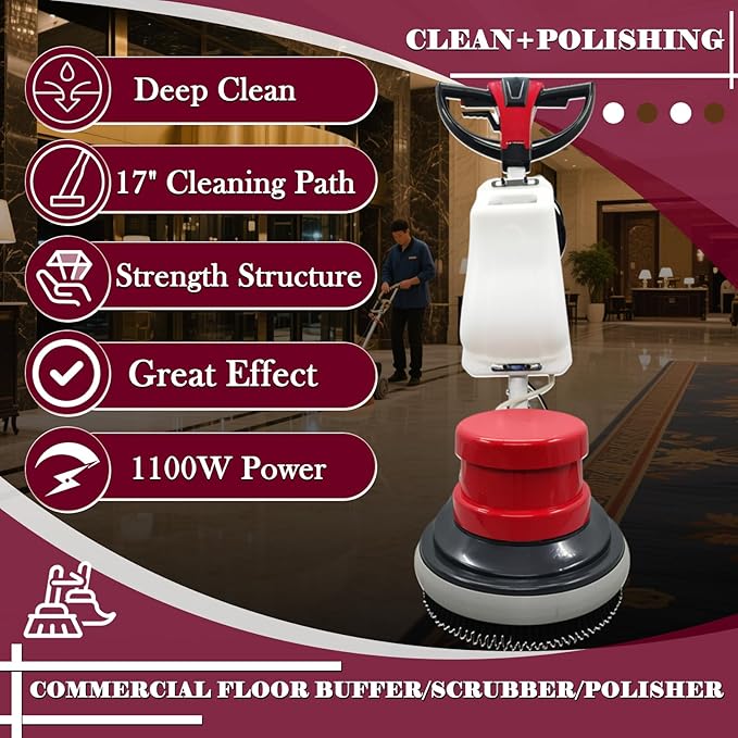 Commercial Industrial Floor Scrubber Polisher 17" Heavy Duty Hardwood Carpet Buffer Machine 1100W Multi-Surface Cleaning Waxing Polishing for Wood, Tile, Epoxy, Marble Floors 110V