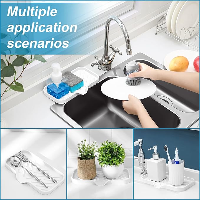 SUBEKYU Silicone Kitchen Soap Tray, Sink Tray for Kitchen Counter/Soap Bottles, Sponge Holder and Organizer with Drain Spout, White, [Size: 9.5 x 5 inch]