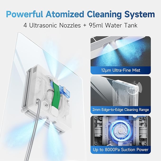 FMART W8 Mini Window Cleaning Robot, 8000Pa Suction, Ultra-Slim 2.36 in, 4-Way Ultrasonic Spray, Edge-Cleaning Route, Smart Path Planning, 9-Stage Safety, App & Remote Control