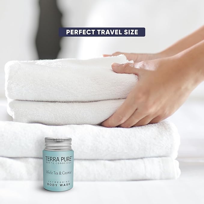Terra Pure Travel Size Hotel Body Wash, 1 oz Bottles (100 Count) Guest Amenities for Hotels, Vacation & Short-Term Rentals, Paraben Free, White Tea & Coconut Scent, Infused with Aloe & Olive Oil