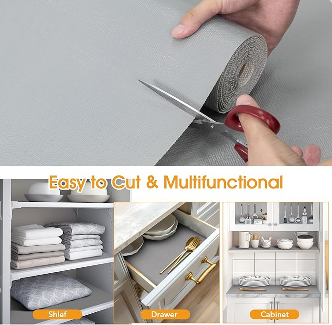 Shelf and Drawer Liner for Kitchen Cabinets Non-Adhesive, Strong Grip Non-Slip Thickened Cabinet Liners for Shelves, Waterproof Mats for Dresser Cupboard, Pure Gray, 23 in x 30 Feet