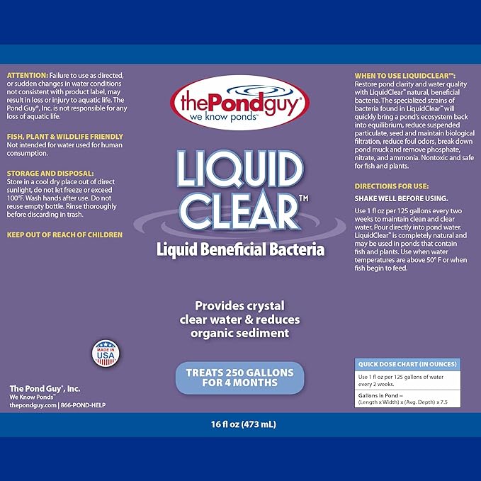 The Pond Guy LiquidClear Beneficial Bacteria Pond Cleaner for Outdoor Water Gardens & Small Ponds, Cloudy Water Reducer, Fish & Plant Safe, 16 Ounces