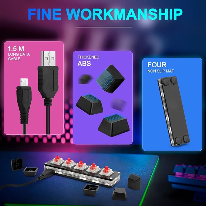 Ecarke Upgrade Black 5 Keys Mini Macro Mechanical Keyboard Gaming Keypad Hot Swap Game Keyboards USB Data Cable for Windows Mac OSU HID Standard Keyboard Cherry Shaft & RGB LED