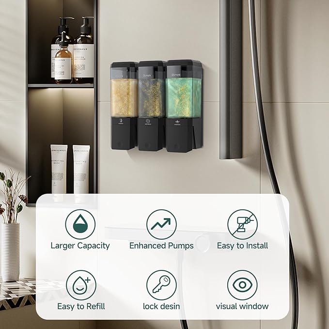 Shampoo and Conditioner Dispenser 3 Chamber No Drill Shower Soap Dispenser Wall Mounted Shampoo Conditioner Body Wash Refillable Bathroom Shower Dispenser (Black+Smoke Gray 3 Chamber)