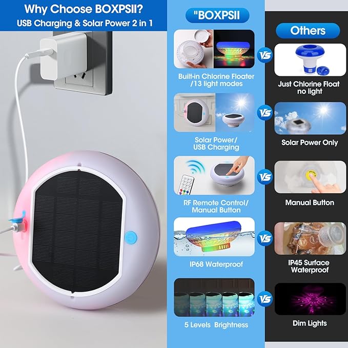 Solar Pool Chlorine Floater with 13 Colors Light, Floating Pool Lights with USB Charging, 6.7 Inch 2600mAh IP68 Waterproof Upper and Lower Glow Adjustable Release Chlorine Dispenser for Pool 2 Pack