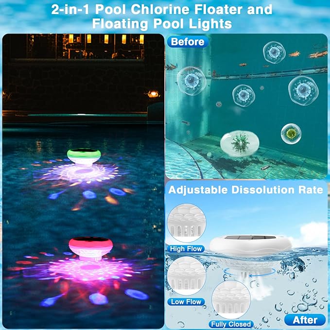 Pool Chlorine Floater Solar Floating Pool Lights with USB Charging 3 in1, IP68 Waterproof 2600mAh 13 Color Modes Pool Lights, Adjustable Pool Chlorine Dispenser for 1" & 3" for Pool 1 Pack