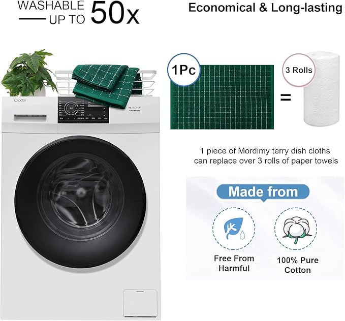 Mordimy 100% Cotton Terry Cloth Kitchen Towels, Super Soft and Absorbent Dish Towels for Drying, Checkered Designed Hand Towels for Kitchen, 16 x 26 Inches, 6 Pack, Dark Green