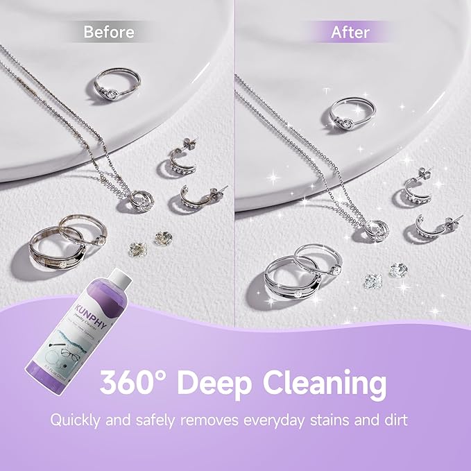 Upgraded KUNPHY Jewelry Cleaner, New Plant Formula for All Ultrasonic Cleaners, Enhanced Cleaning Effect, Multi-Purpose Glasses cleaner for Silver, Gold, Rings, Diamond and Eyeglass(8.5 oz, 250 ml)