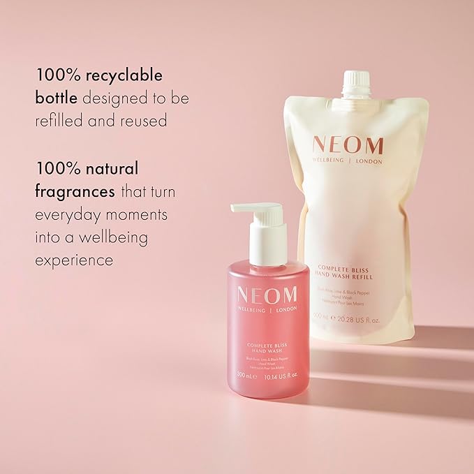 Neom Complete Bliss Hand Wash Refill, 600ml I Infused with soothing pomegranate, chamomile extracts and skin-softening aloe vera I 100% natural fragrances and 100% recyclable pouch