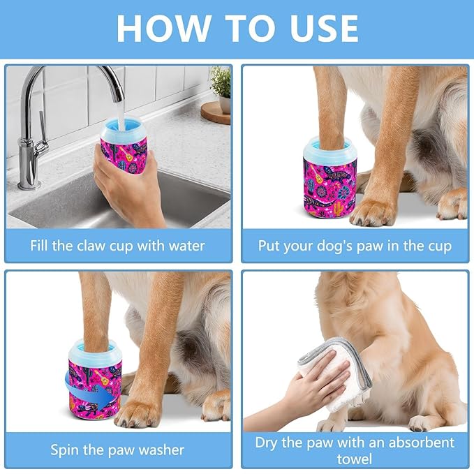 Dog Paw Cleaner Cups for Dogs Pet Foot Washer Paw Scrubber for Small Medium Large Dogs Cats Cleaning Cup Pink Lizards Cacti Pyramids Guitar Flowers