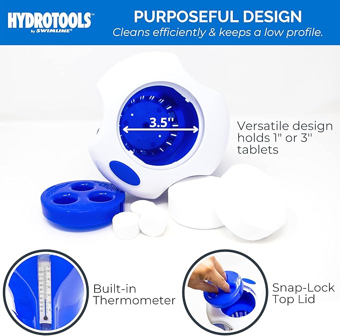 HYDROTOOLS BY SWIMLINE 87400 Large Capacity Pool & Spa Chemical Dispenser Thermometer Combo | Compatible Bromine & Chlorine Supports 1-3’’ Tablets | Adjustable Customizable Flow Rate | Cost Effective