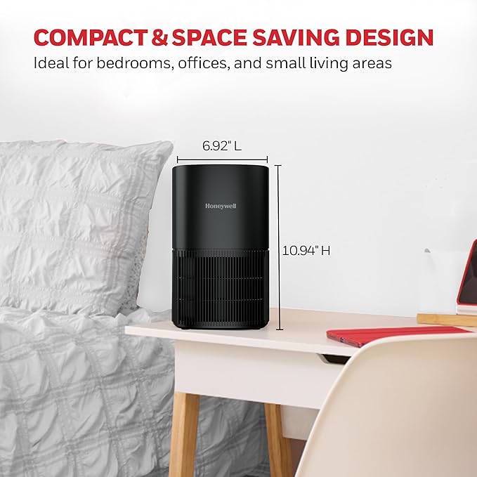 Honeywell AllergenPlus HEPA Air Purifier for Home, 530 Ft² Rooms in 1 hour, 3-in-1 Filter, Compact Design, Auto Mode, Reduces Allergens, Dust, Pollen, Smoke, Pet Dander, Odors, Black, HPA125B