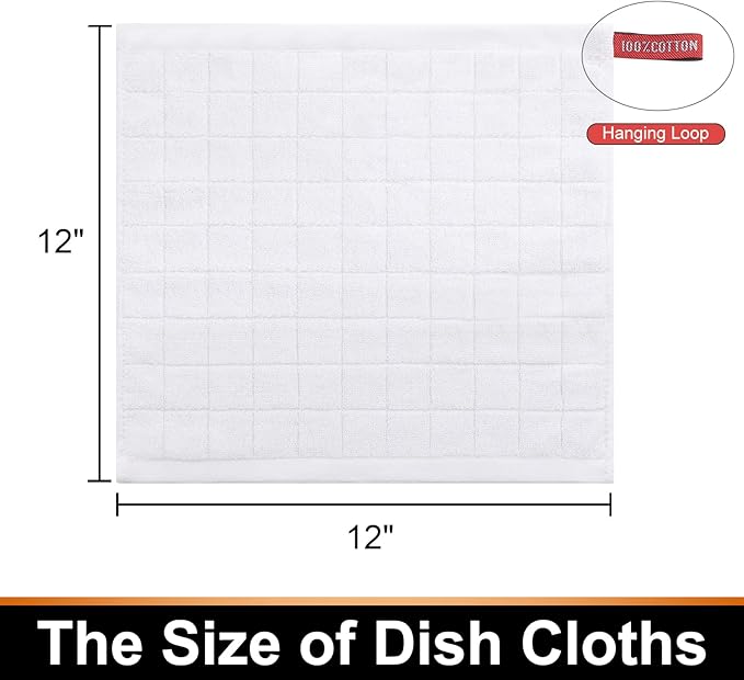 Mordimy 100% Cotton Terrycloth Kitchen Towels and Dishcloths Sets, Soft and Absorbent Checkered Dish Towels, Quick Drying Dish Rags for Washing Dishes, 4 Pack 16" x 26" & 4 Pack 12" x 12", White