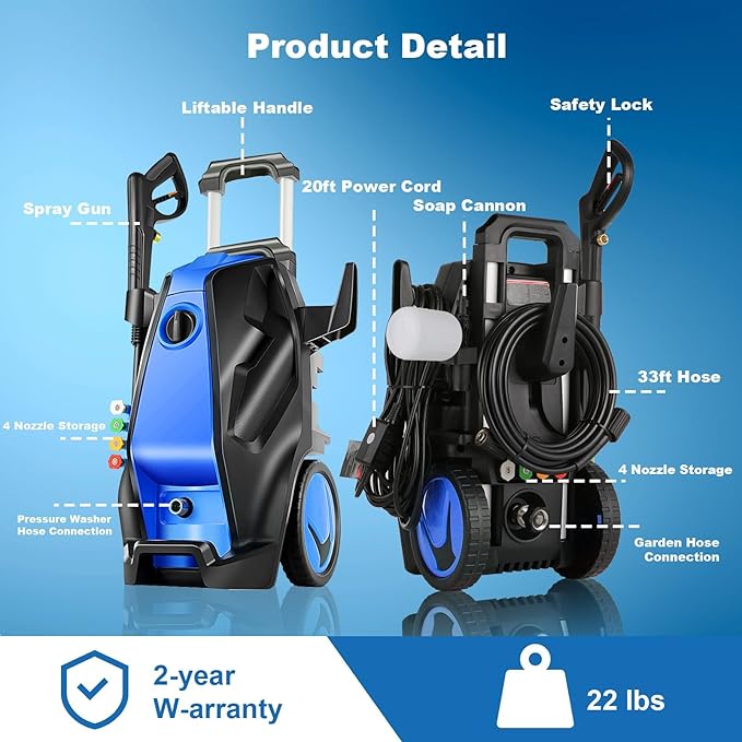 Pressure Washer,MAX 5000 PSI Electric Power Washer, 2000W 4.0 GPM High Pressure Washer, Professional Washer Cleaner, with 4 Nozzles, Soap Bottle and Hose Reel, Best for Cleaning Cars Patio Garden