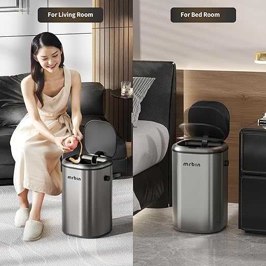 MRBIN Stainless Steel Adsorption Motion Sensor Trash Can Removable, 18L / 4.8gal Automatic Absorbing Bag Lidded Garbage Bin with Wheels, Waste Basket for Kitchen, Bathroom, Eclipse Grey