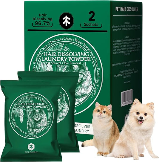 Pet Hair Remover for Laundry - Dissolves 96.7% Dog & Cat Hair, Detergent and Stain Remover for Clothes (2 Sachets), Septic Safe