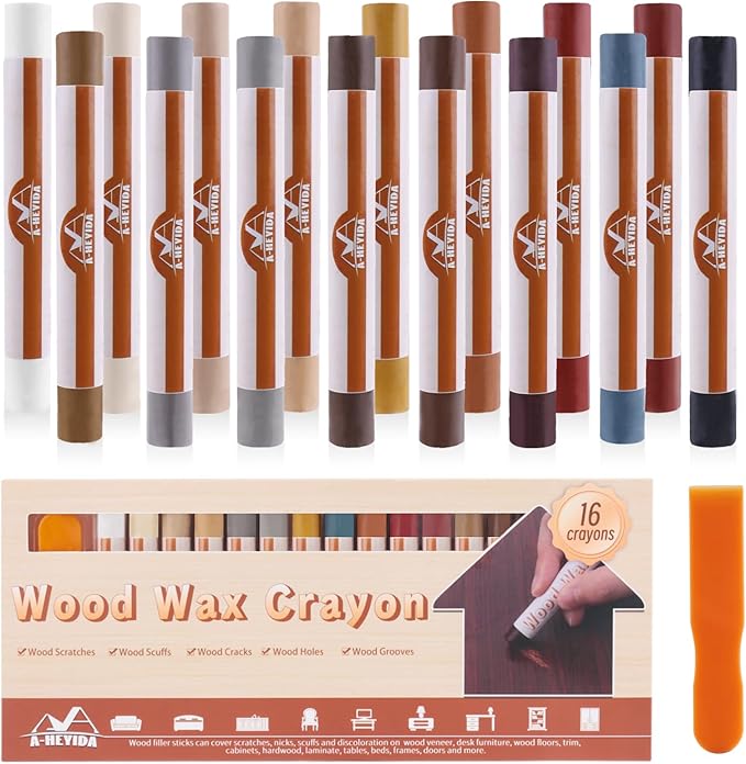 Wood Filler Sticks - 16 Colors Wood Repair Wax Crayons, Furniture Scratch Wax Stick Pen for Repairing Scratches, Scuffs, Cracks, and Holes on Wooden Floor, Cabinet, Laminate, Hardwood