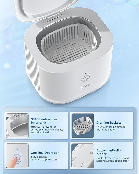 Phniti Ultrasonic Cleaner, 46kHz Ultrasonic Retainer Cleaner Professional Ultrasonic Jewelry Cleaner Machine with Timer for Dental Retainer, Mouth Guard, Watch, Ring, Diamond, White