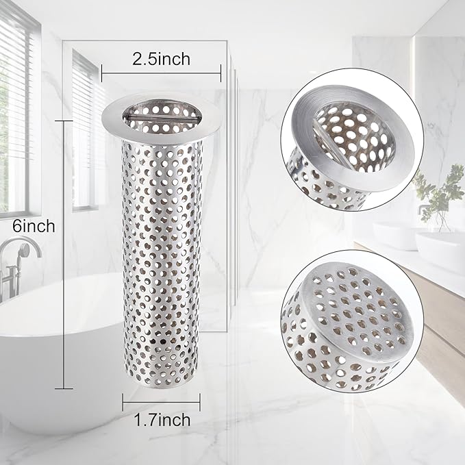 2" Commercial Floor Drain Strainer, 6'' High, Thick Perforated 316 Stainless Steel and Finely Polished Drain Basket for Restaurant/Factory/Kitchen