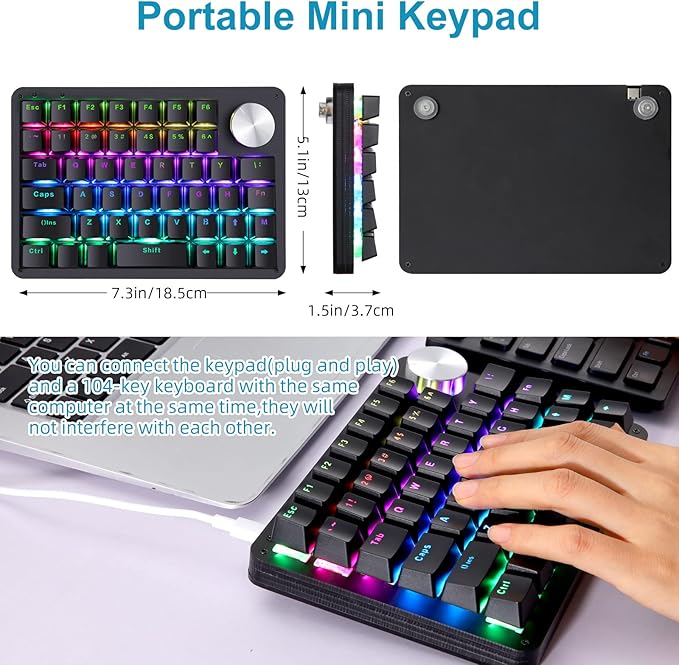 Koolertron One Handed Mechanical Gaming Keyboard, 45-Key Fully Programmable Mini Keypad, Mini USB Macro Keyboard with Rotating Knob, RGB Backlit Red Switches, for Windows PC Gamers