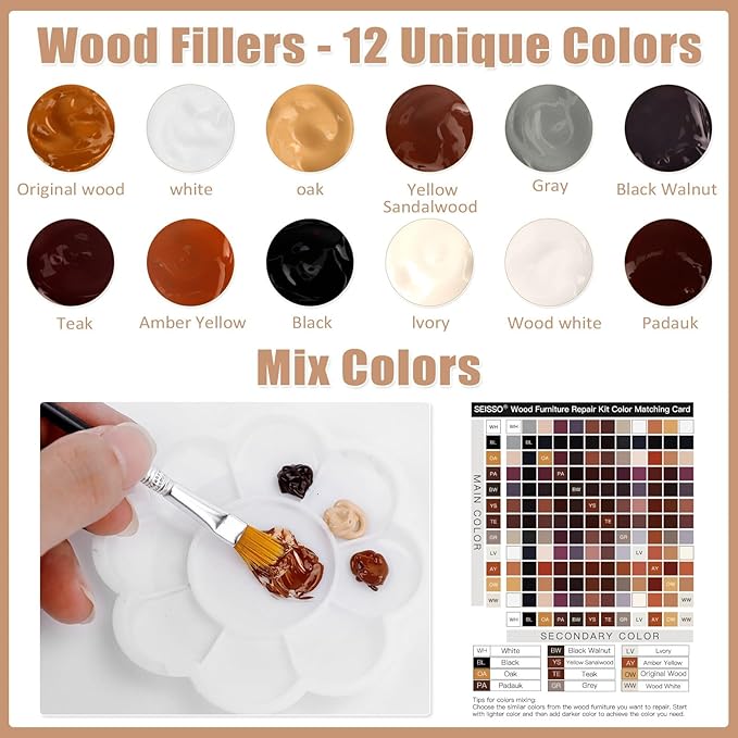 SEISSO Furniture Repair Kit Wood Filler - 12 Pcs Touch Up Wood Restore Set Filler 12 Colors Furniture Scratch Kit with Tools, Wood Repair Kit for Scratches, Stains, Scorch, Wooden Floor, Door, Table