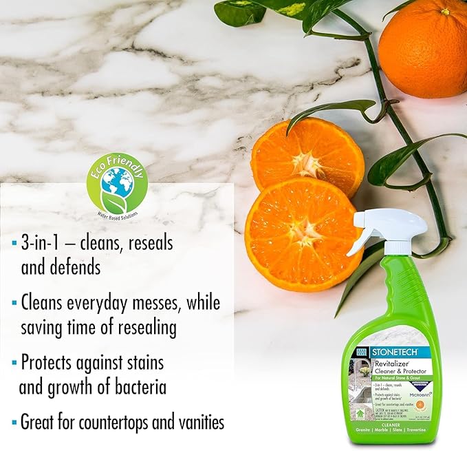 Stone Surface Cleaner Spray for Stonetech Revitalizer Cleaner and Protector, 3‑in‑1 Ready to Use Spring Rain Bottle for Granite & Marble, Reseals & Refreshes Natural Stone Countertops & Tiles, 24 oz