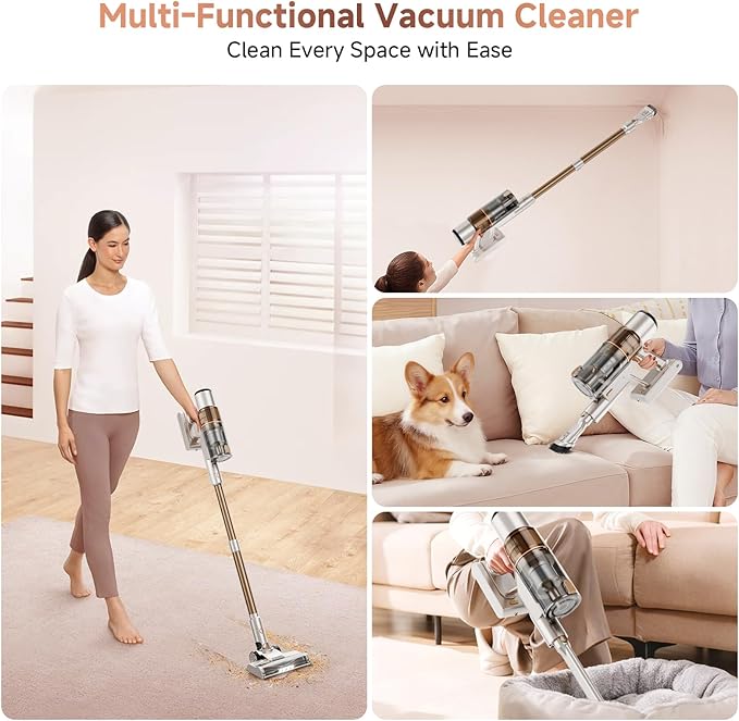 Cordless Vacuum Cleaner: 40KPA Powerful Suction Cordless Stick Vacuum Cleaners for Home, Anti-Tangle Brush, Lightweight, 6-in-1 Rechargeable Vacuum for Pet Hair/Carpet/Hard Floor(Off-White)