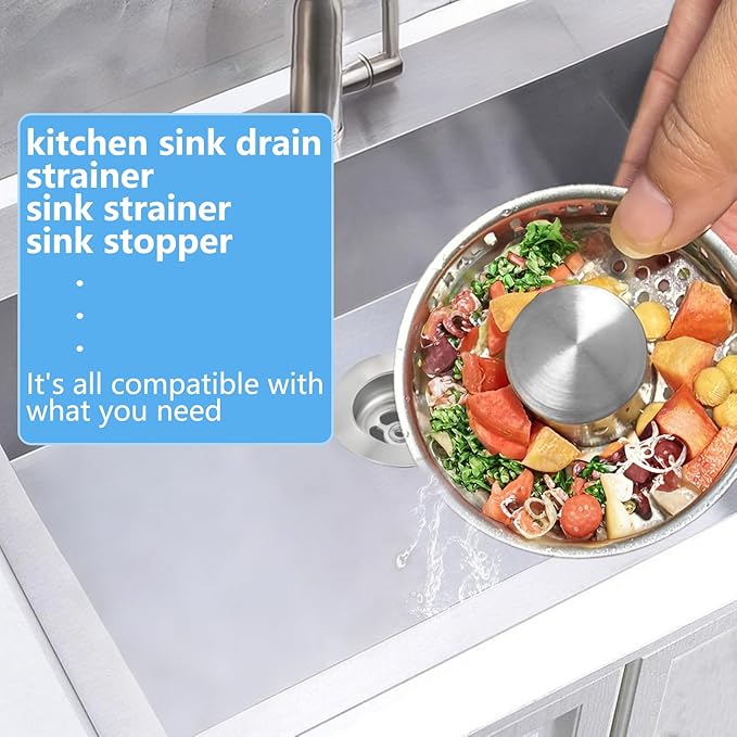 3-in-1 Kitchen Sink Drain Strainer & Stopper, Stainless Steel Food Catcher Plug with Filter Basket, Fits 3-1/2 Inch Drain Hole, Universal Sink Protector Cover, Anti-Clogging, Silver - 2Pack