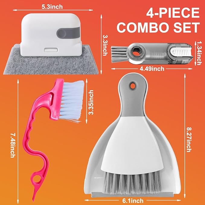 4 Pcs Small Dustpan and Brush Set, Mini Hand Broom and Dustpan Cleaning Tool for Cars, Desk, Keyboard, Countertop, Cat, Dog and Other Pets