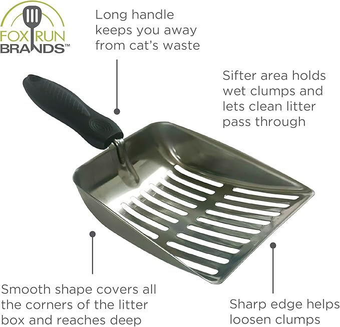 Fox Run Stainless Steel Cat Litter Scooper, 10" Litter Box Scooper with Long Handle